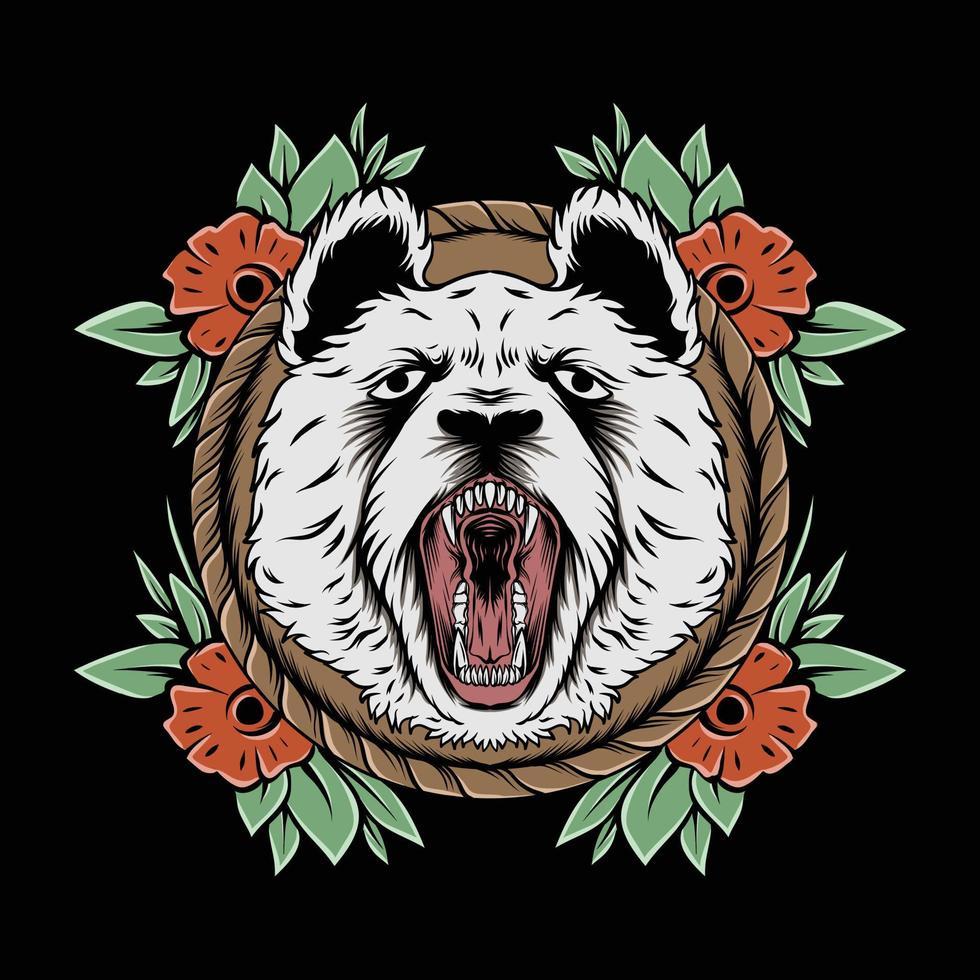 angry panda with flowers for tattoo design vector