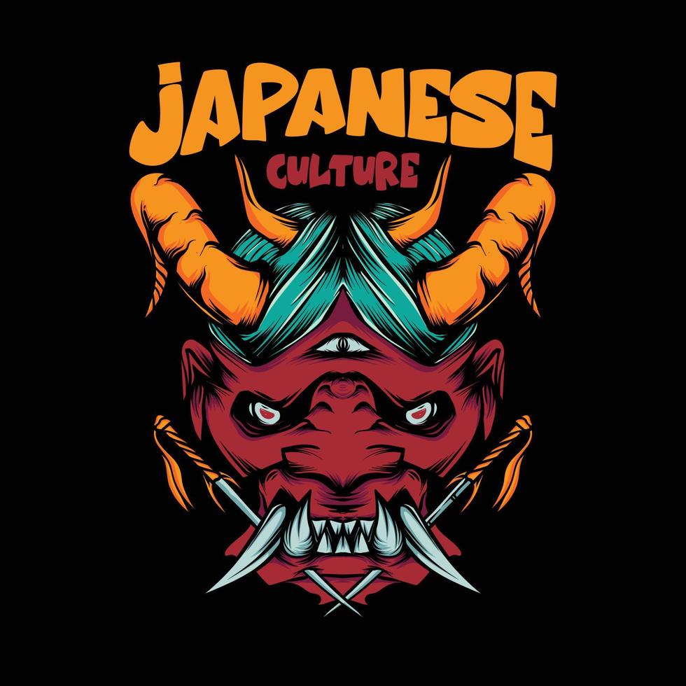 ilustración de máscara oni y espada para camiseta con letras de cultura japonesa vector