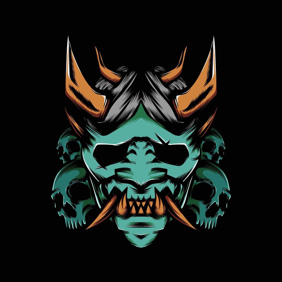 devil oni mask with skull illustration on black background vector