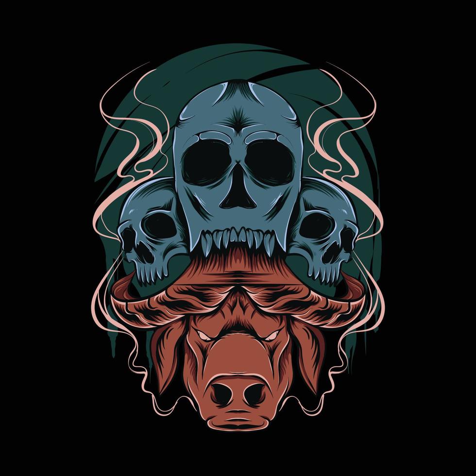 scary buffalo head and skull illustration for t-shirt design and print vector