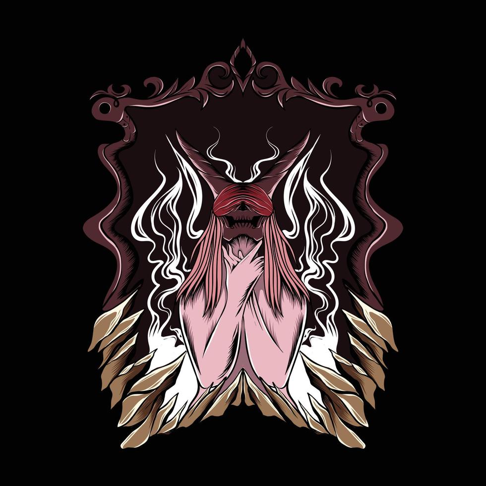 illustration of women skull and horns with stone frame for t-shirt vector