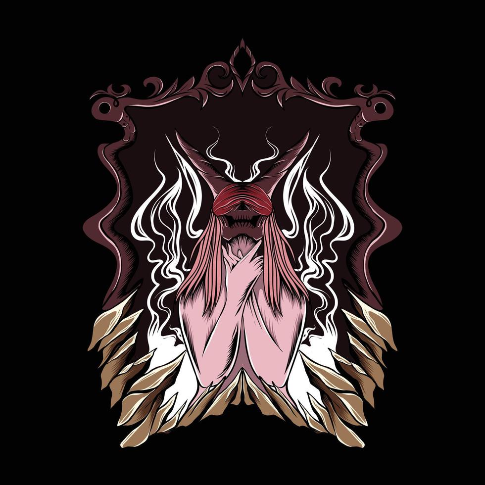 illustration of women skull and horns with stone frame for t-shirt vector