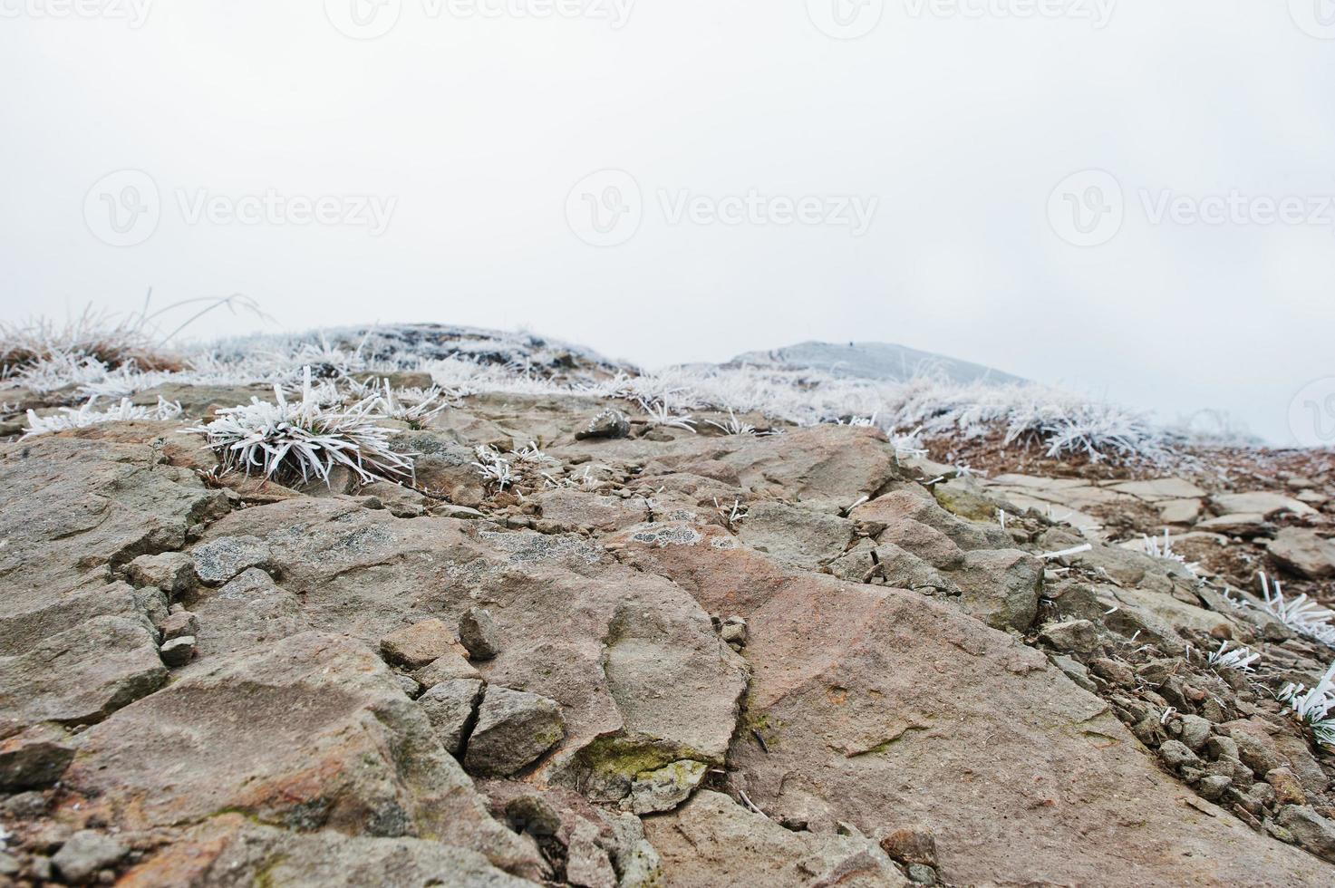 Frozen rocky stones at snow mountains with frost grass and fog on top photo