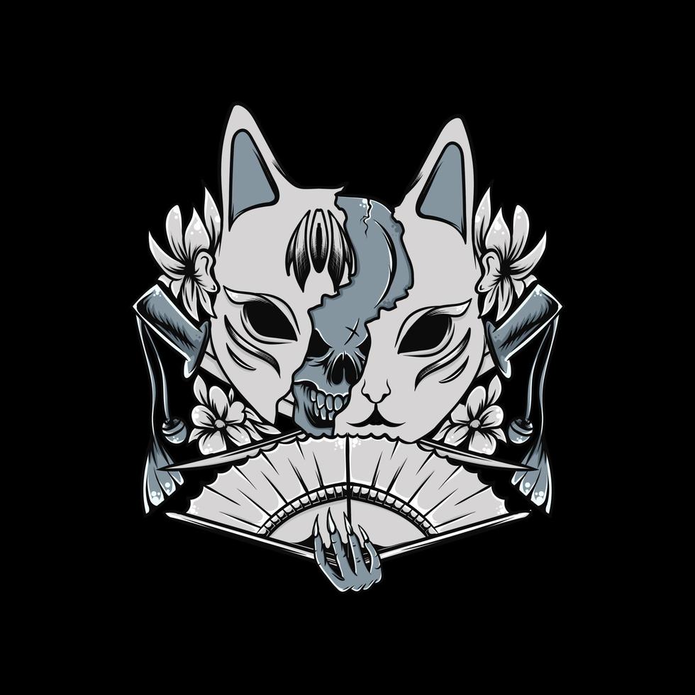 mask kitsune illustration with flower black and white vector