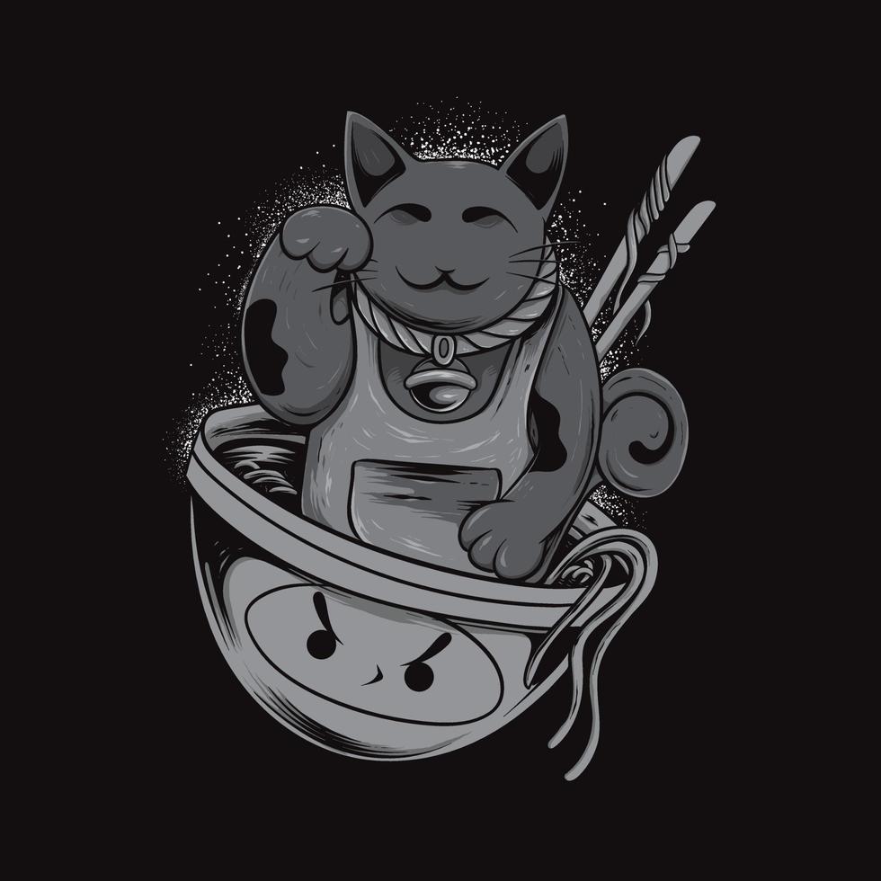 gato afortunado con fideos en blanco y negro vector