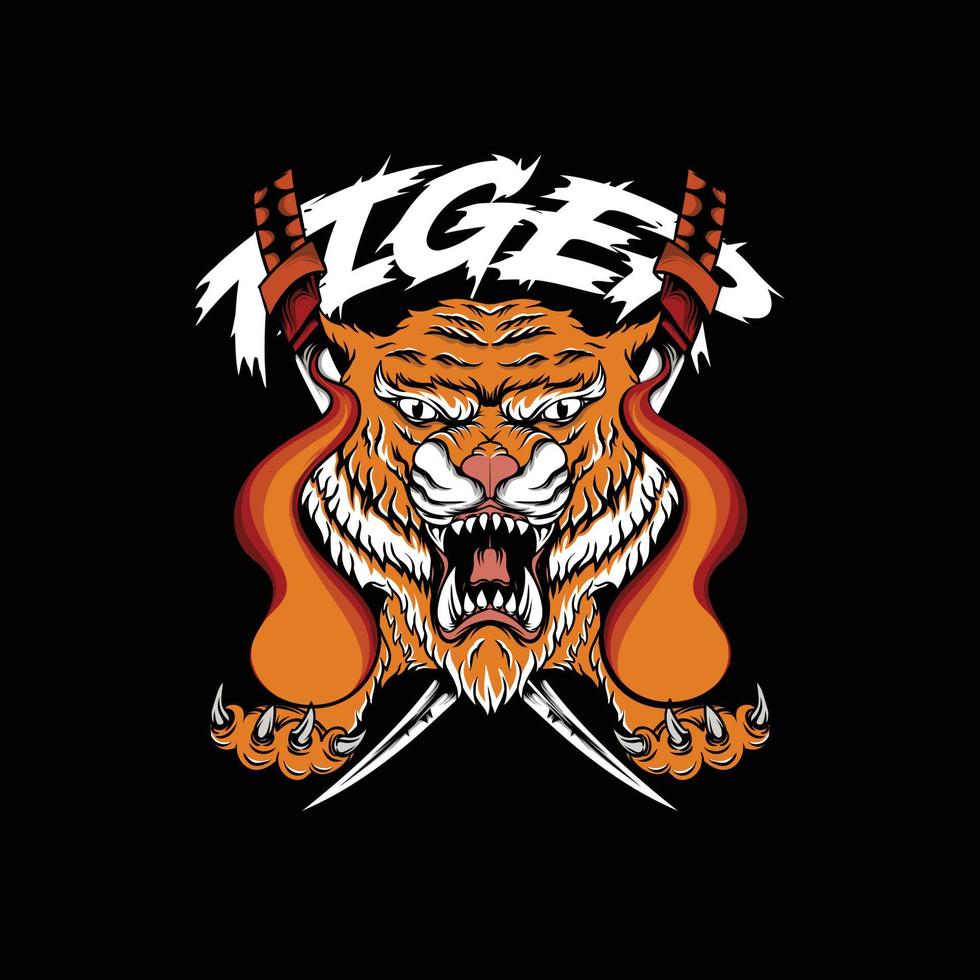angry tiger with fire in hand and sword vector