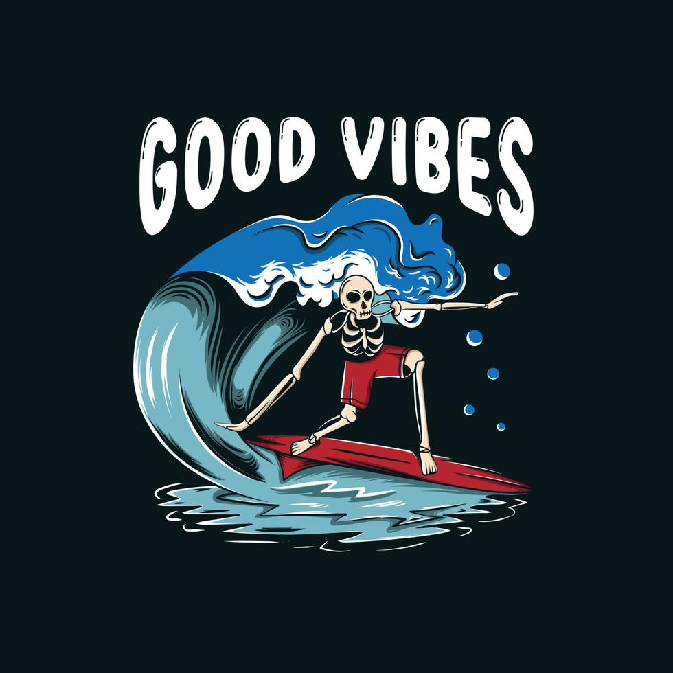 illustration of skull playing surfboard with waves vector