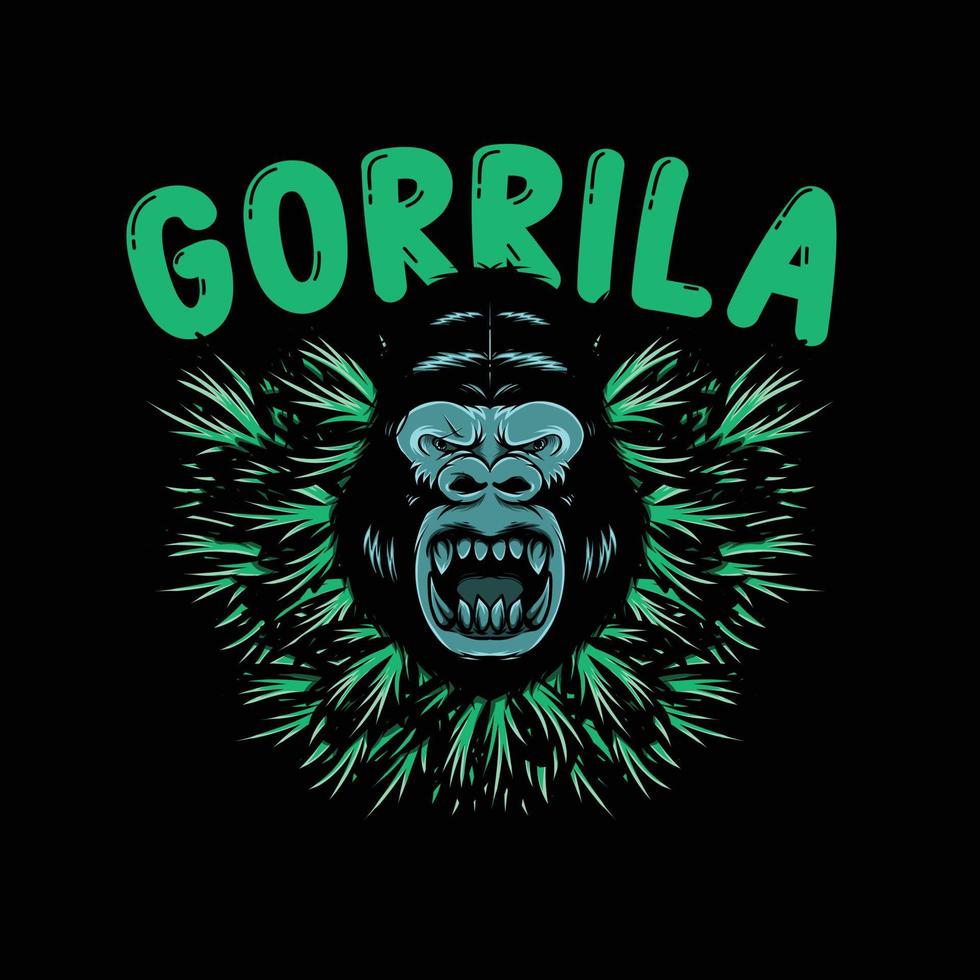 illustration of gorilla head with green marijuana leaf and letters for logo and t-shirt vector