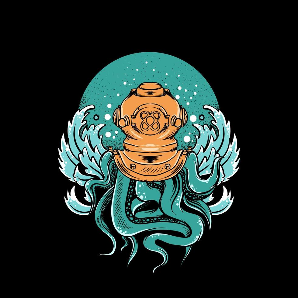 an octopus diving with a helmet vector