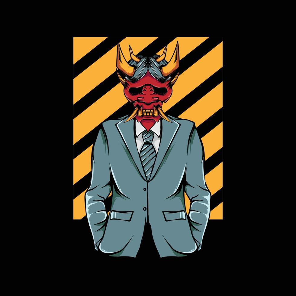 illustration of people wearing oni masks and wearing cool suits vector