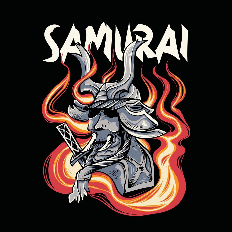 japanese samurai illustration with fire and sword for t-shirt design and print vector