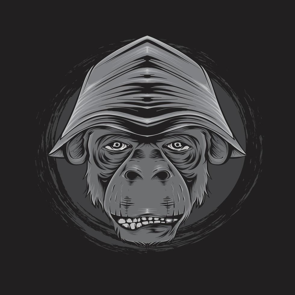 monkey head detail illustration smoking and wearing a hat black and white vector