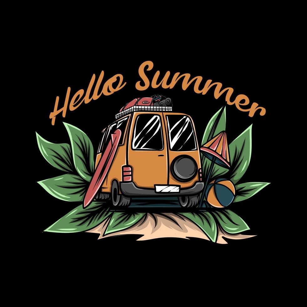 Orange van with surfing board and beach ball with leaves around illustration on black background vector