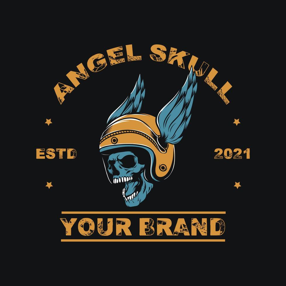 skull head with orange wings helmet with angel skull lettering vector