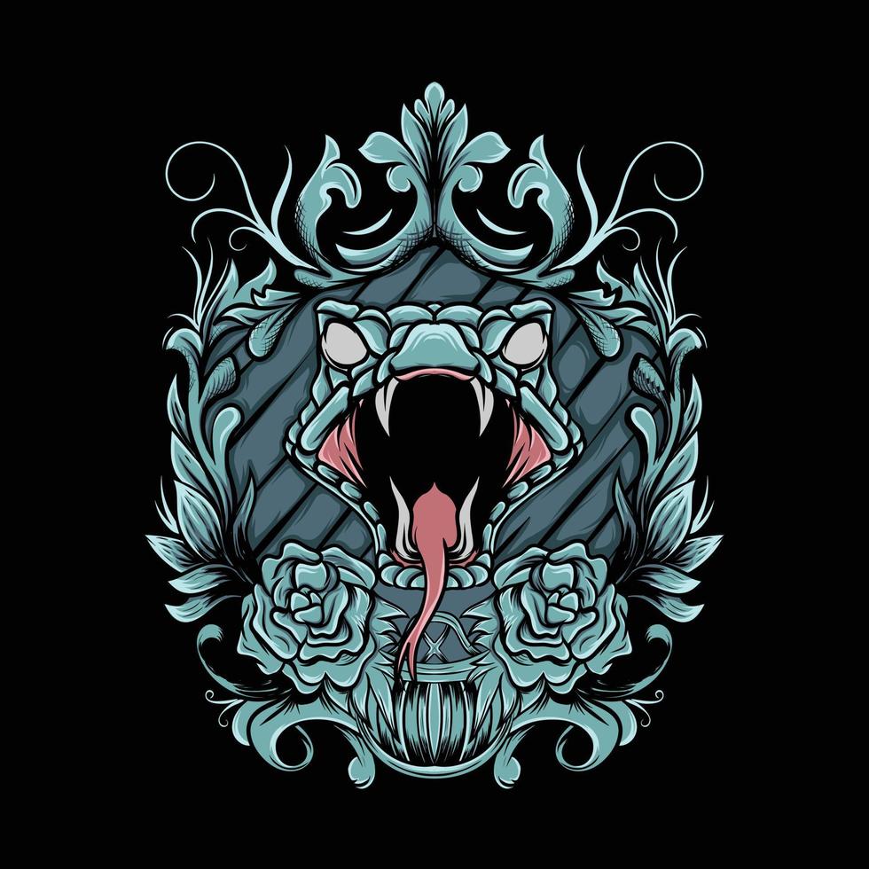 snake head with bandana ornament and illustration on black background vector