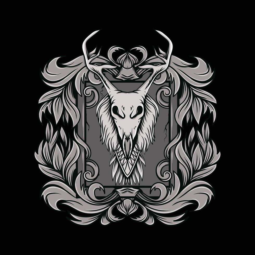 deer antler head skull with black and white style floral ornament illustration vector