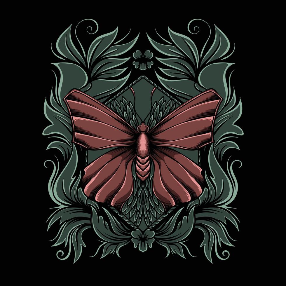 illustration of a butterfly on an ornament on a black background vector