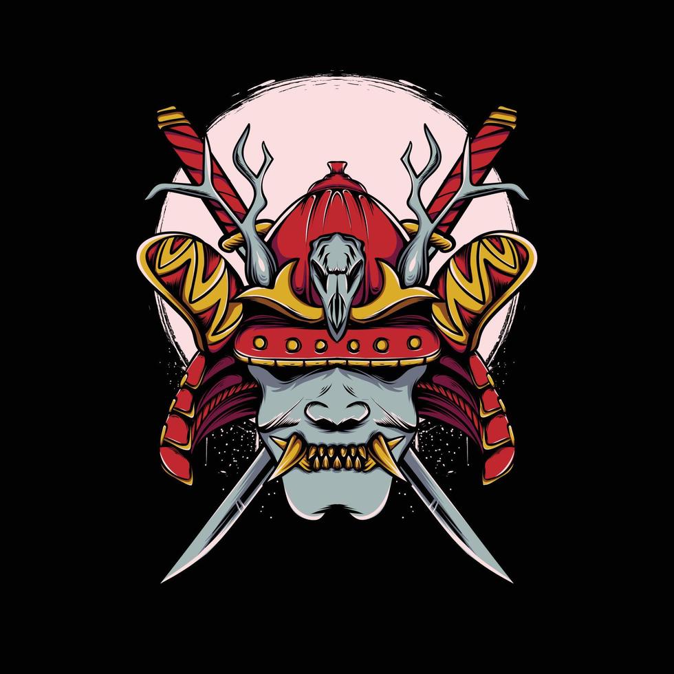 máscara oni con casco samurai japonés con ilustración de luna y espada katana vector