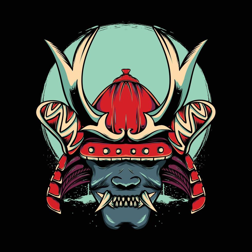 oni mask with japanese samurai helmet with moon illustration on black background vector