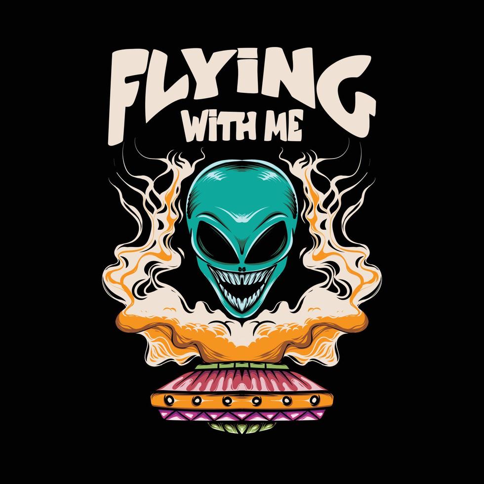 illustration of alien head and ufo with smoke for t-shirt design and print vector