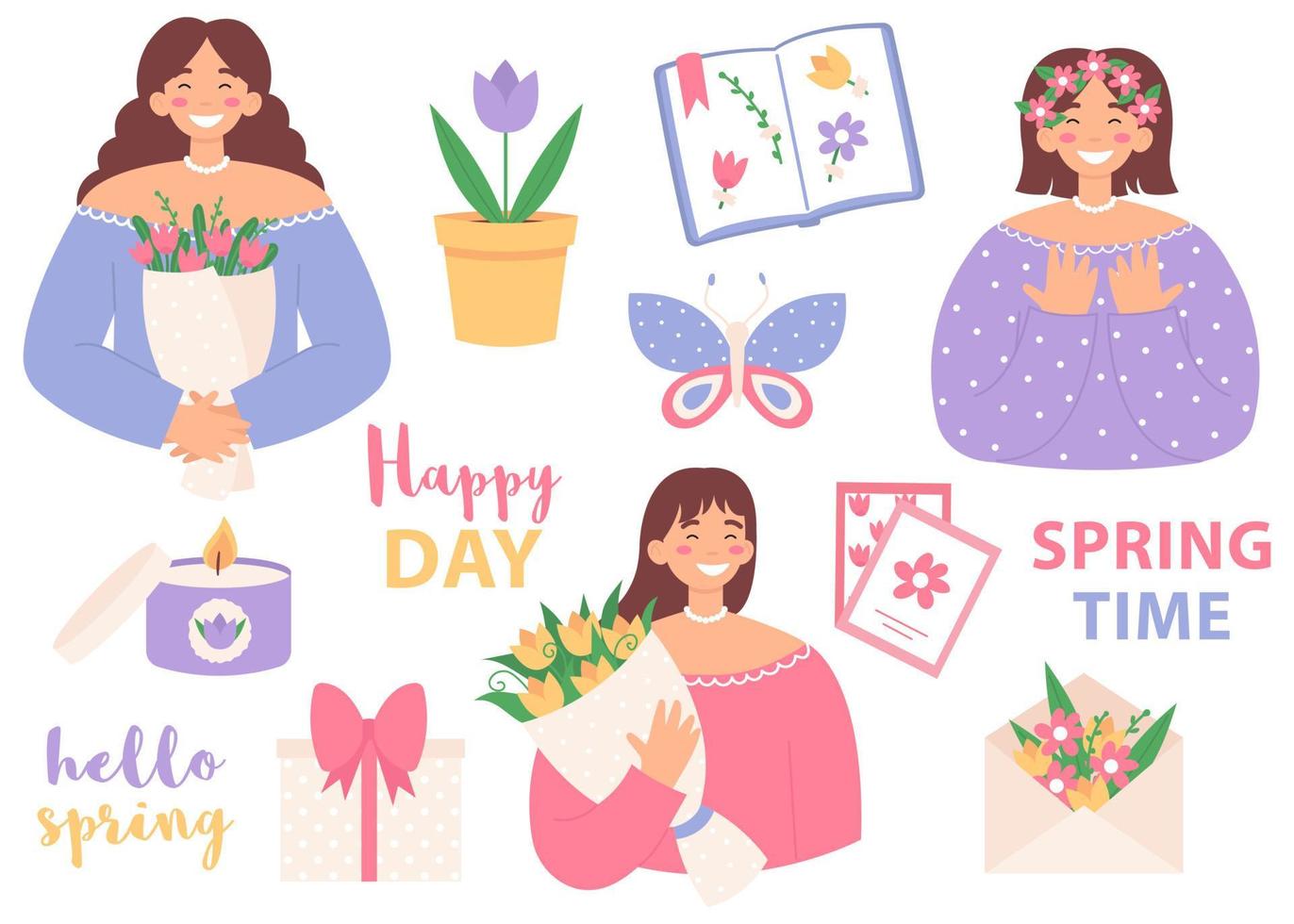 Spring collection with girls holding flowers. Spring time. Flat vector illustration isolated on white background.
