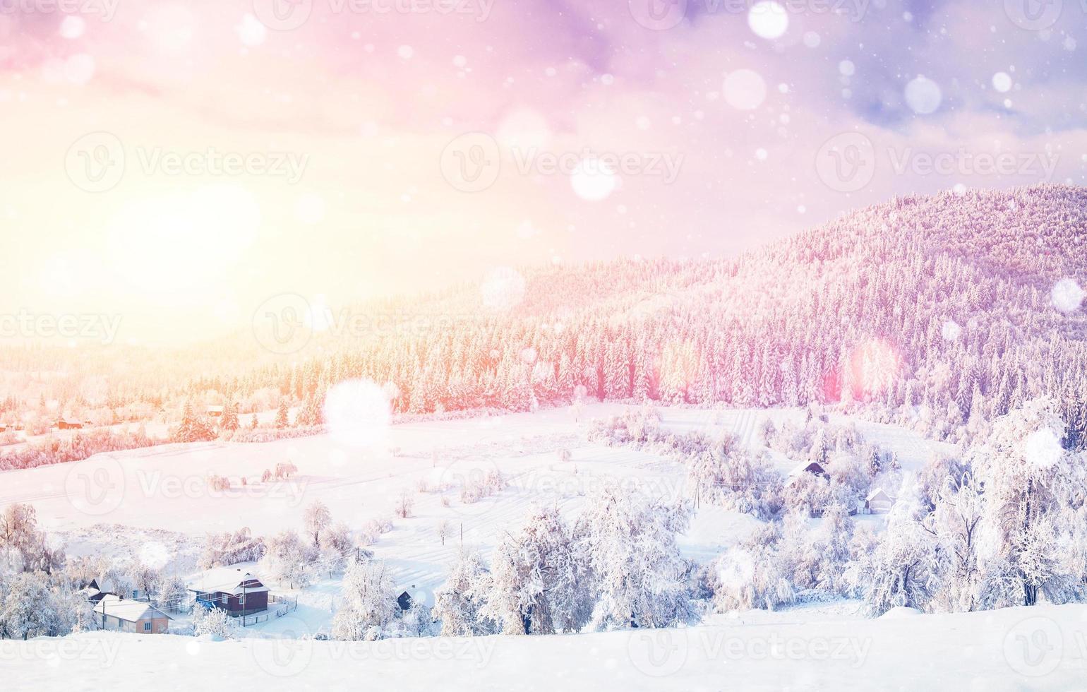 cabin in the mountains in winter, background with some soft high photo