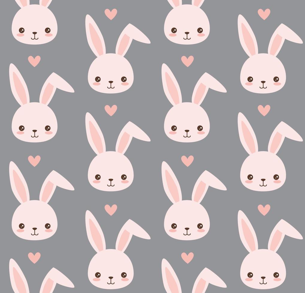 Cute bunny pattern. Rabbit head vector seamless background. Bunny face with hearts. Valentine's day.