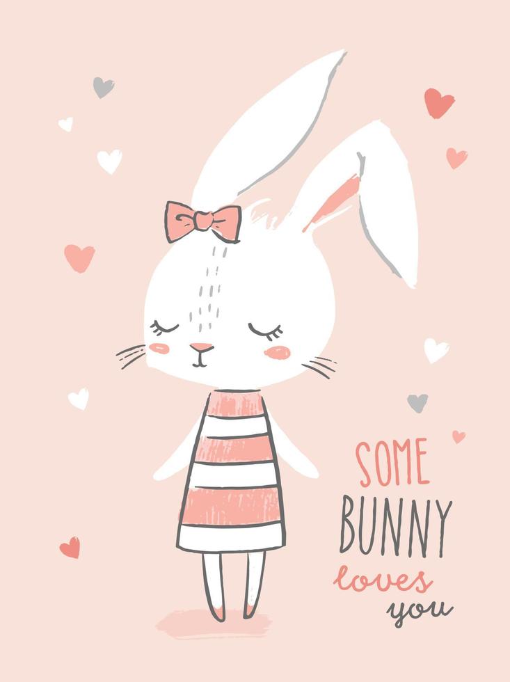 Valentines day card design with cute girl rabbit character.Hand drawn illustration for nursery wall art. Design for baby, kids poster, nursery wall art, card, invitaton. vector