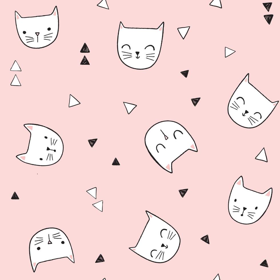 Cute cat vector pattern with triangles. Hand drawn funny cat faces seamless background. Illustration for kids design.