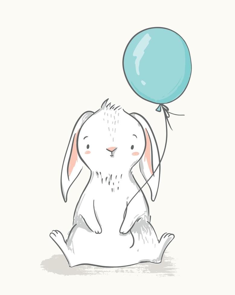 Cute rabbit holding a balloon. Childish illustration. Nursery wall art, kids party invitation, birthday greeting card, baby shower, poster. vector