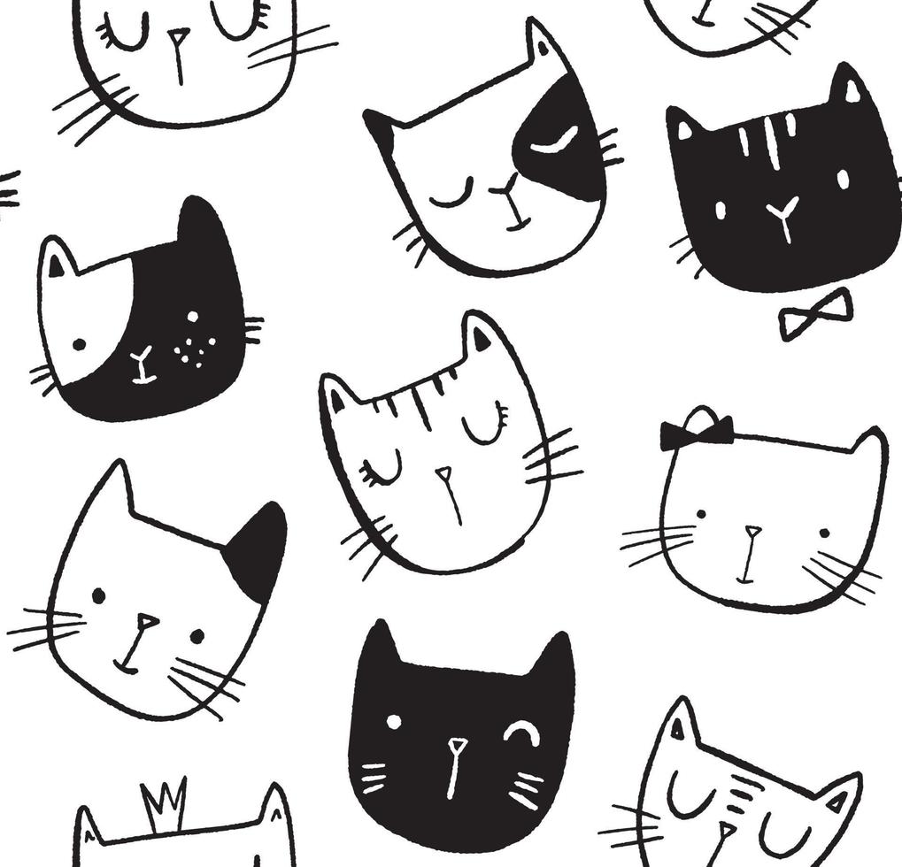 Seamless vector pattern with cats. Smiling cute cats background. Doodle hand drawn style.