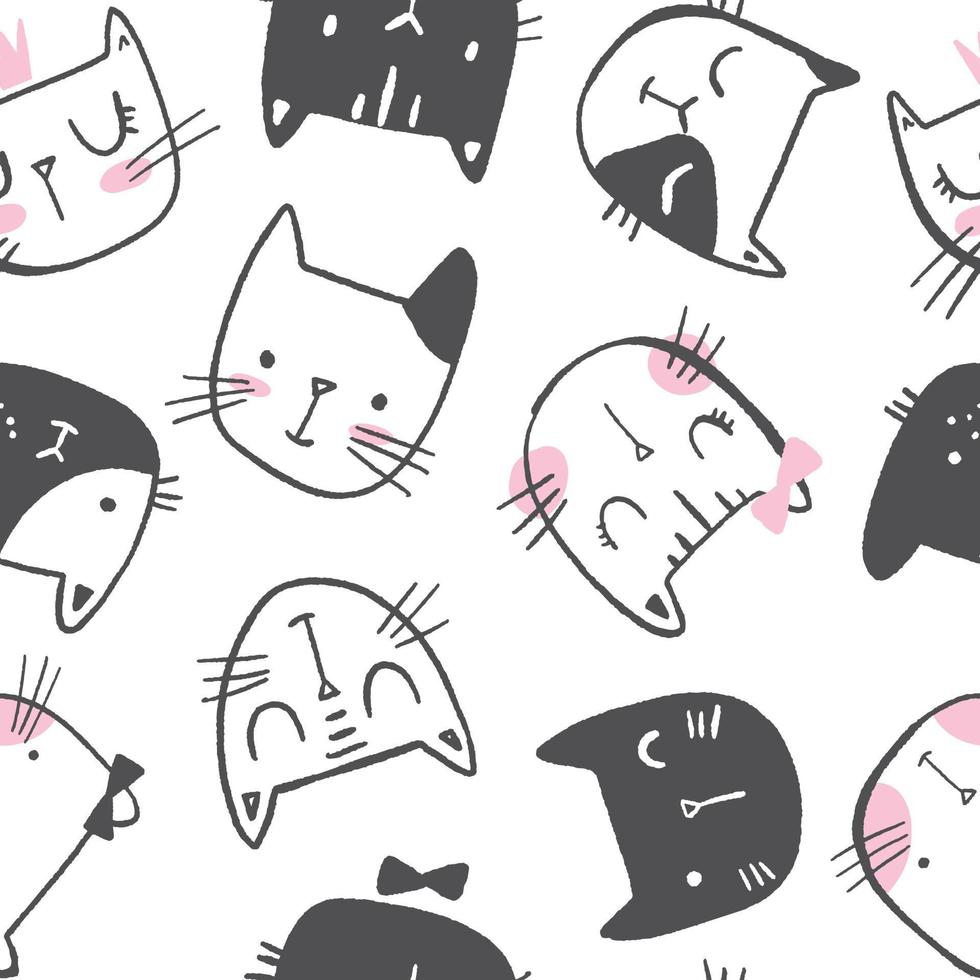 Cat vector pattern with hand drawn cat faces. Seamless print illustration for children.
