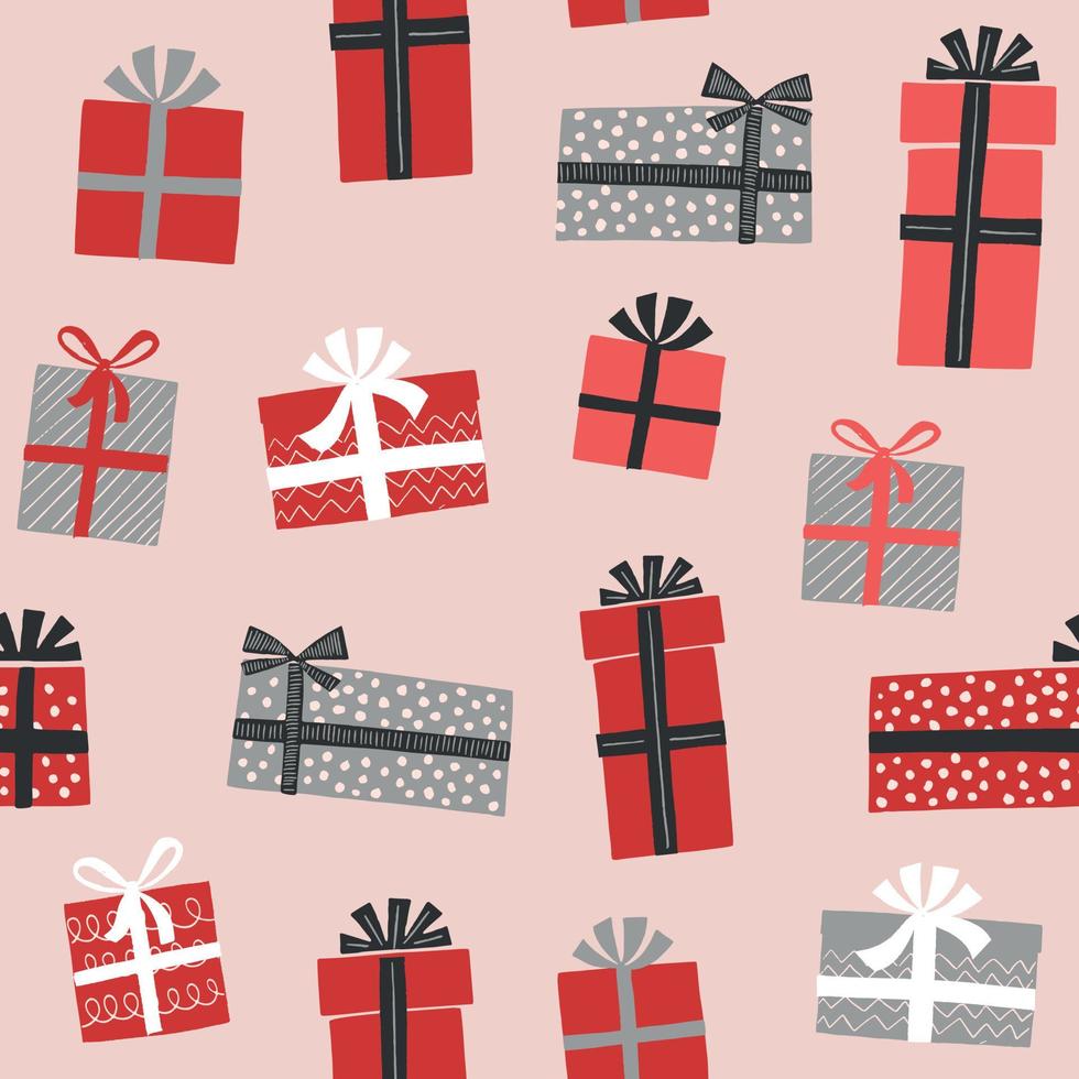 Christmas gift boxes vector pattern in retro style. Seamless background with gift boxes with bows. Illustration for greeting cards, invitations, posters.