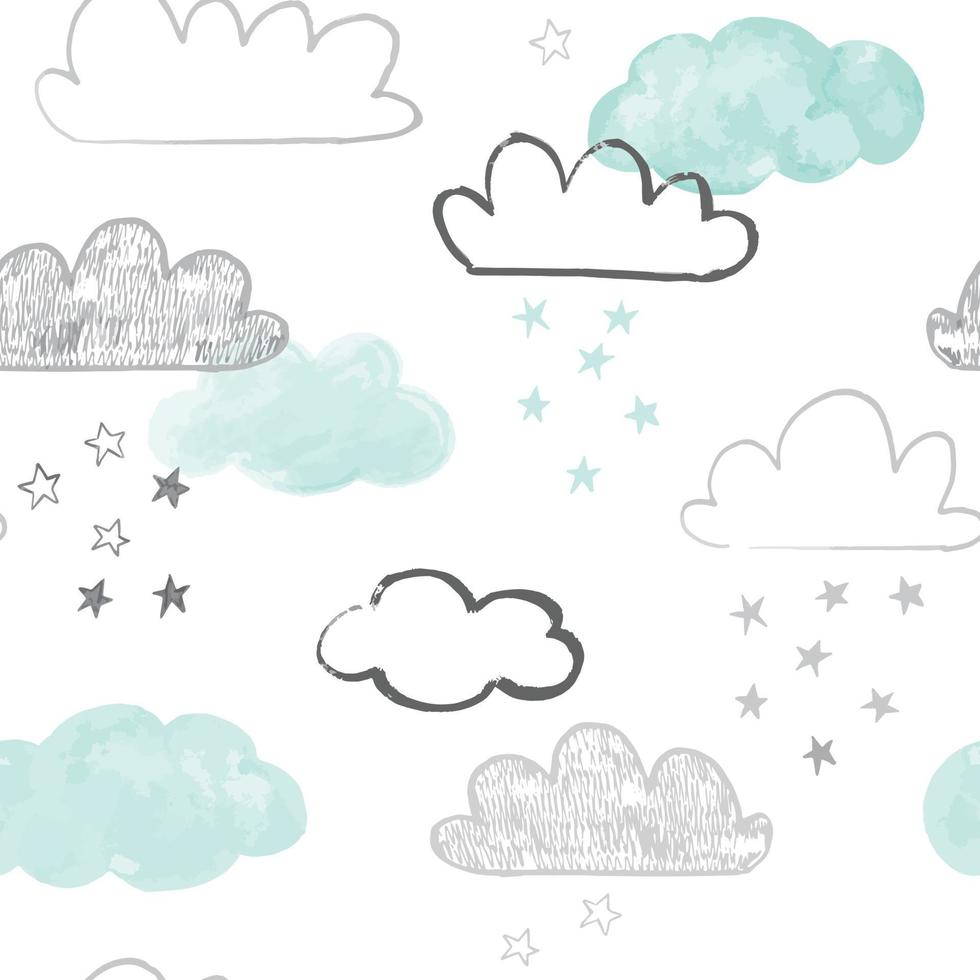 Doodle clouds pattern. Hand drawn vector seamless background with clouds and stars in grey and teal. Scandinavian style print.