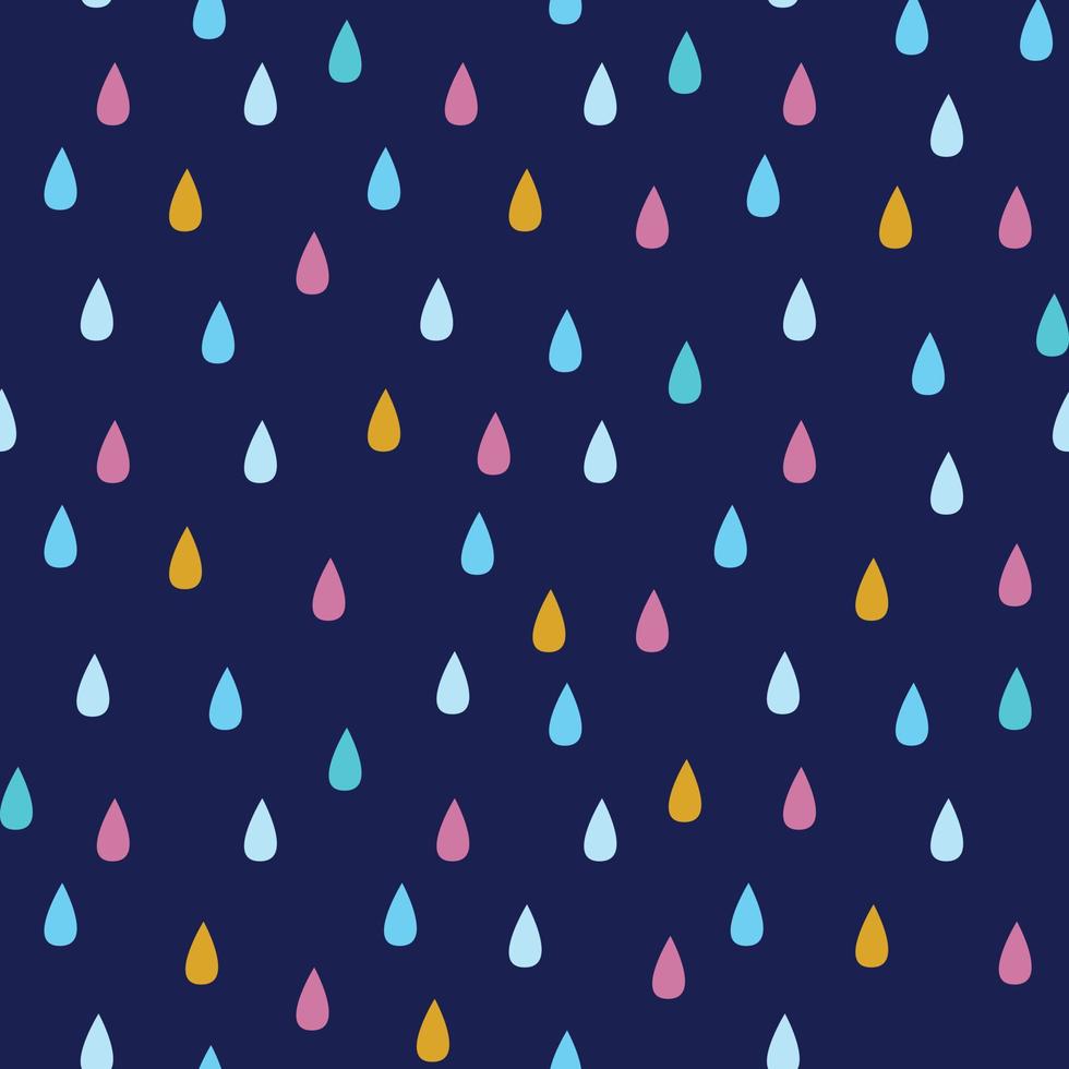 Seamless vector pattern with rain drops in blue, yellow and pink on navy background.