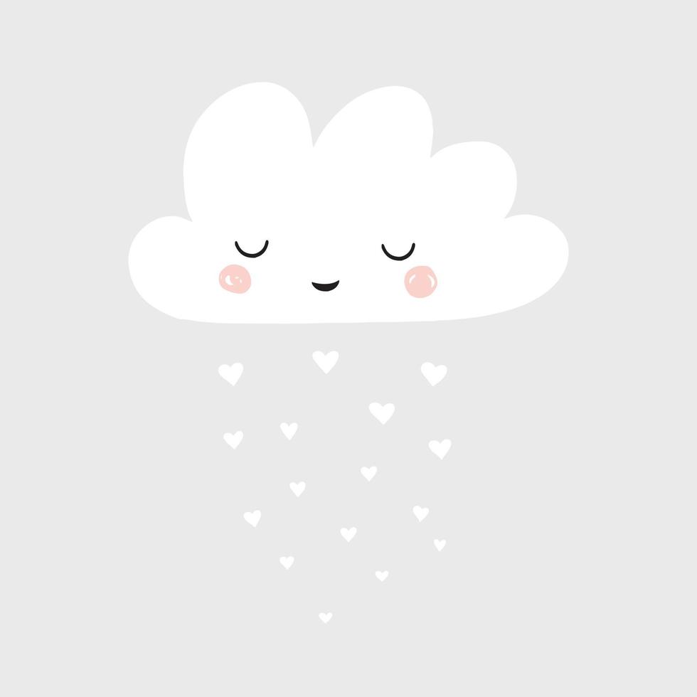 ilustración de dibujos animados vectoriales con linda nube durmiente y lluvia de corazones. arte infantil de estilo escandinavo. tarjeta del día de san valentín. vector