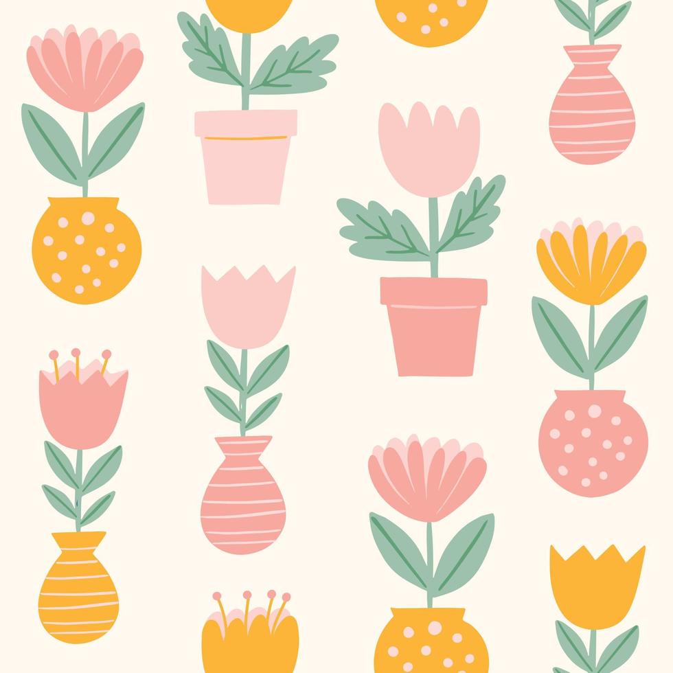 Cute flowers in vases and pots vector pattern. Spring seamless background with hand drawn potted flowers, plants. Home plants.
