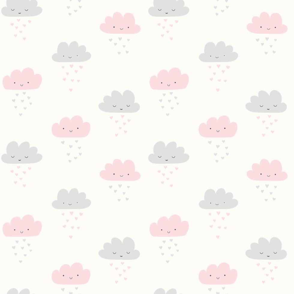 Funny clouds with smiling faces and hearts rain. Cute seamless background in pastel colors. Valentines day. vector