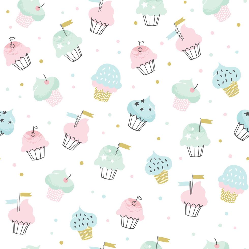Cupcake vector pattern with confetti sprinkles. Hand drawn cute cupcakes seamless background for party, birthday, greeting cards, gift wrap.