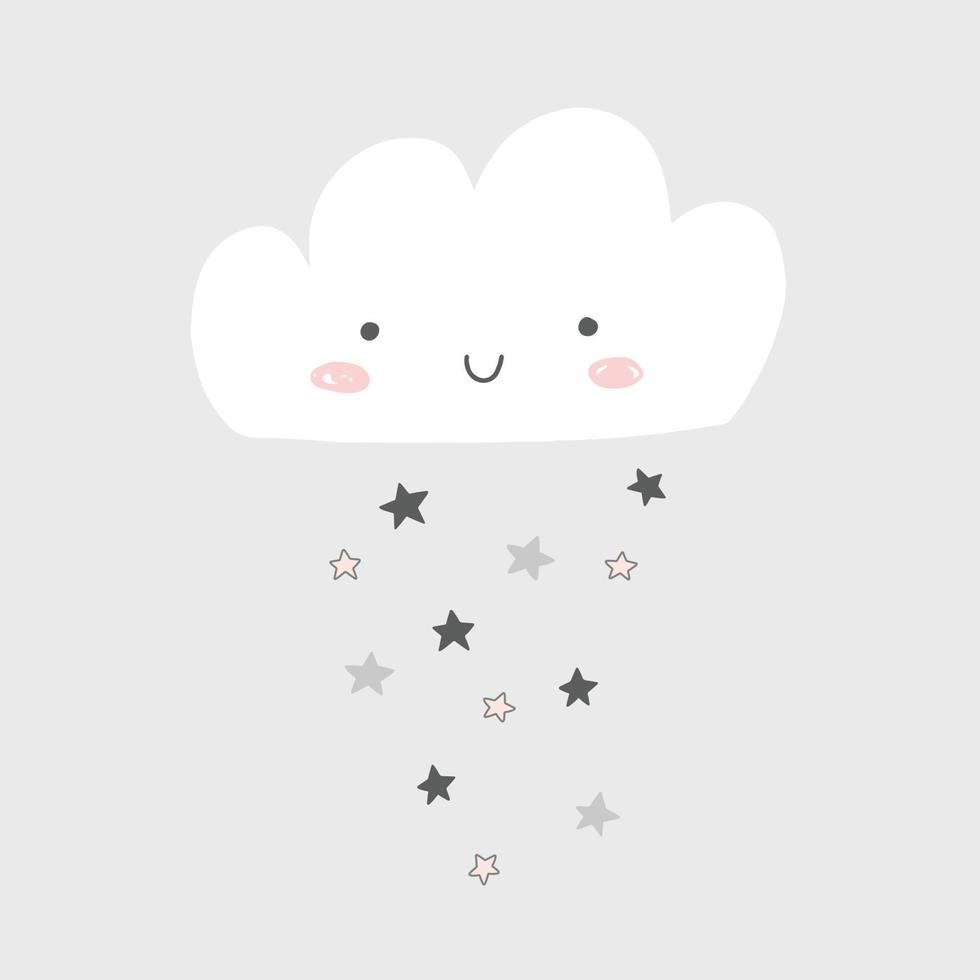 Cute cloud vector cartoon illustration with smiling happy cloud and rain of stars. Scandinavian style nursery art.