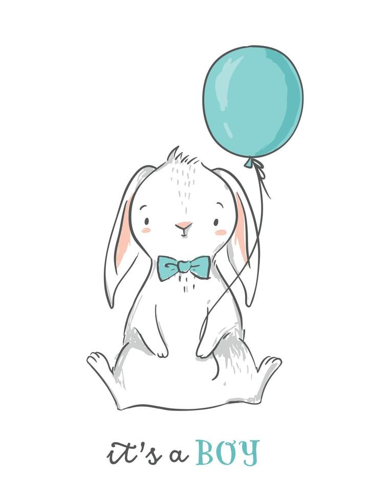 It s a boy. Cute bunny holding a blue balloon. Baby shower invitation card. Nursery wall art. vector