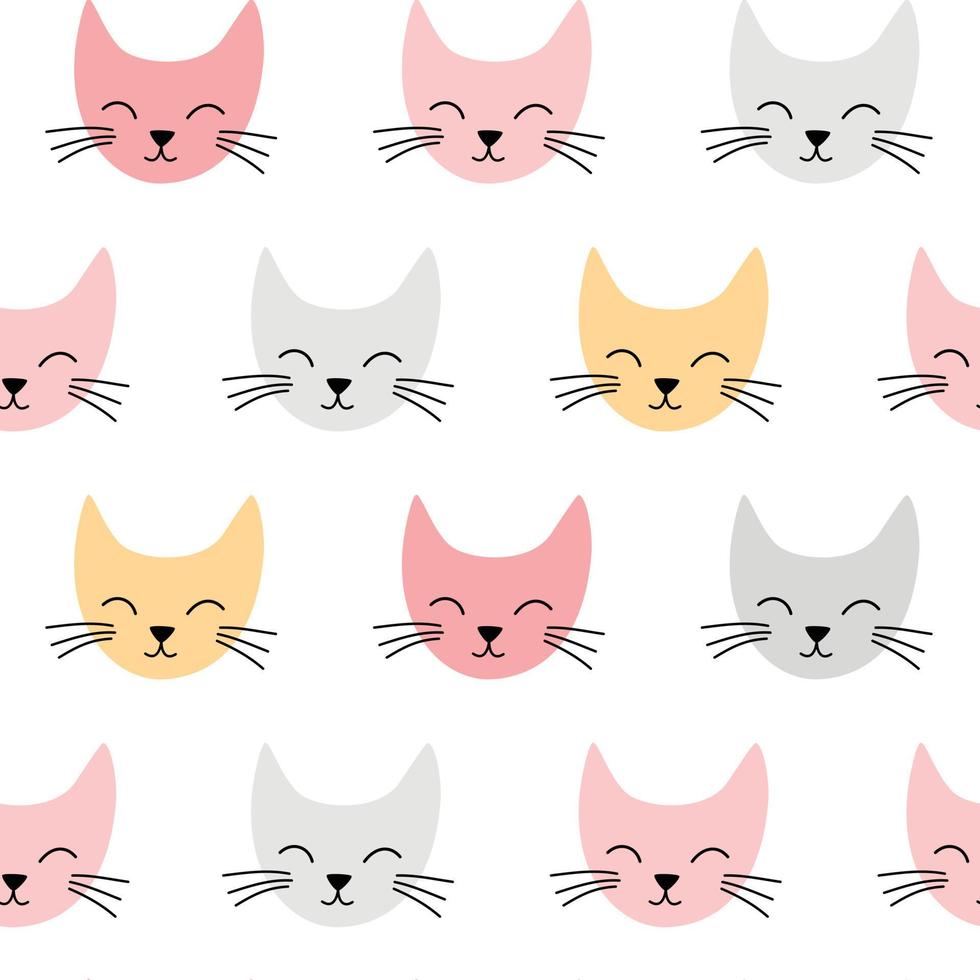 Cat vector pattern. Cute seamless background in pink, yellow and gray.