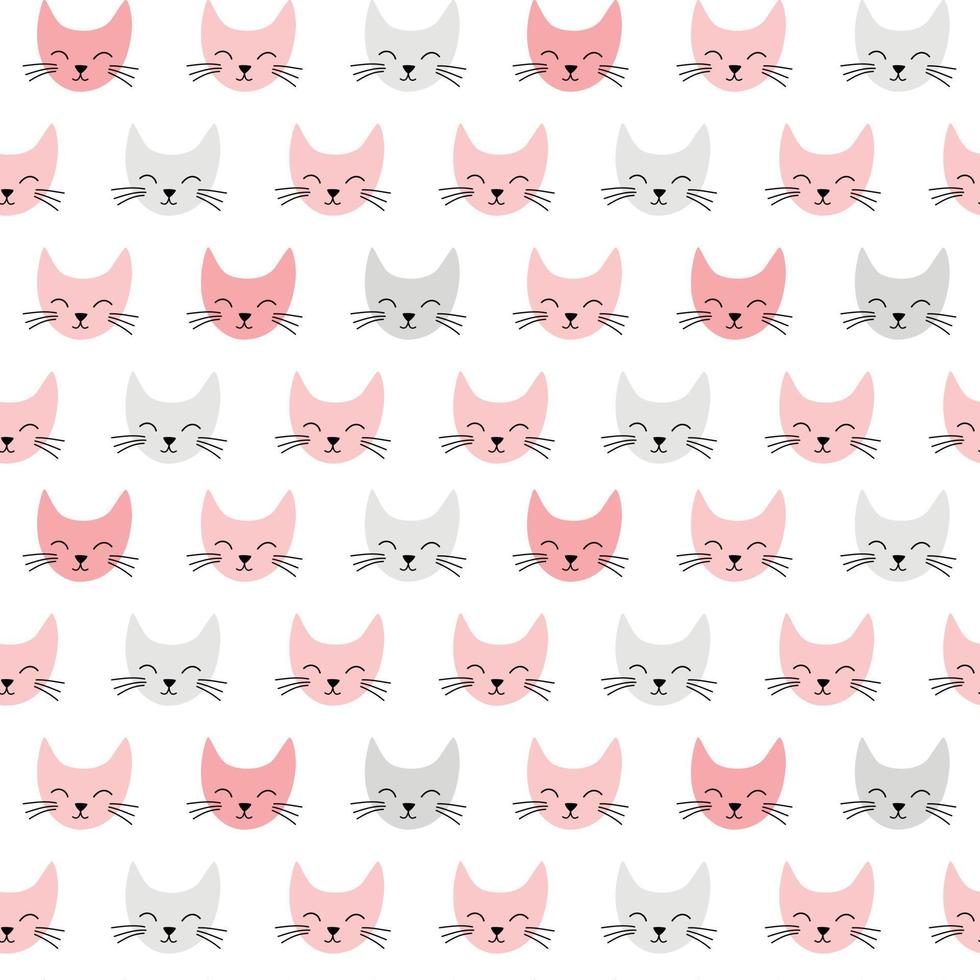 Seamless vector pattern with cute smiling cats. Background in pink and gray.