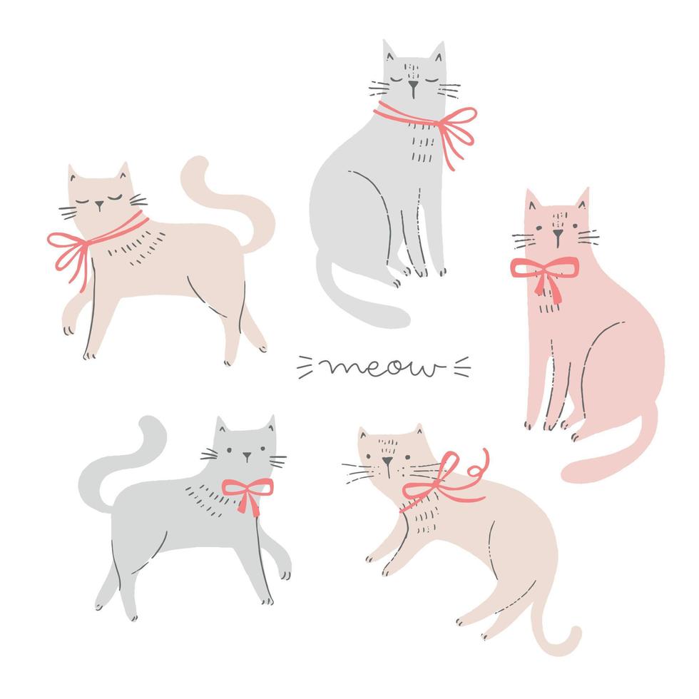 Set of hand drawn cats wearing a bow, ribbon. Elegant cat illustrations. Girl children vector doodle illustration.