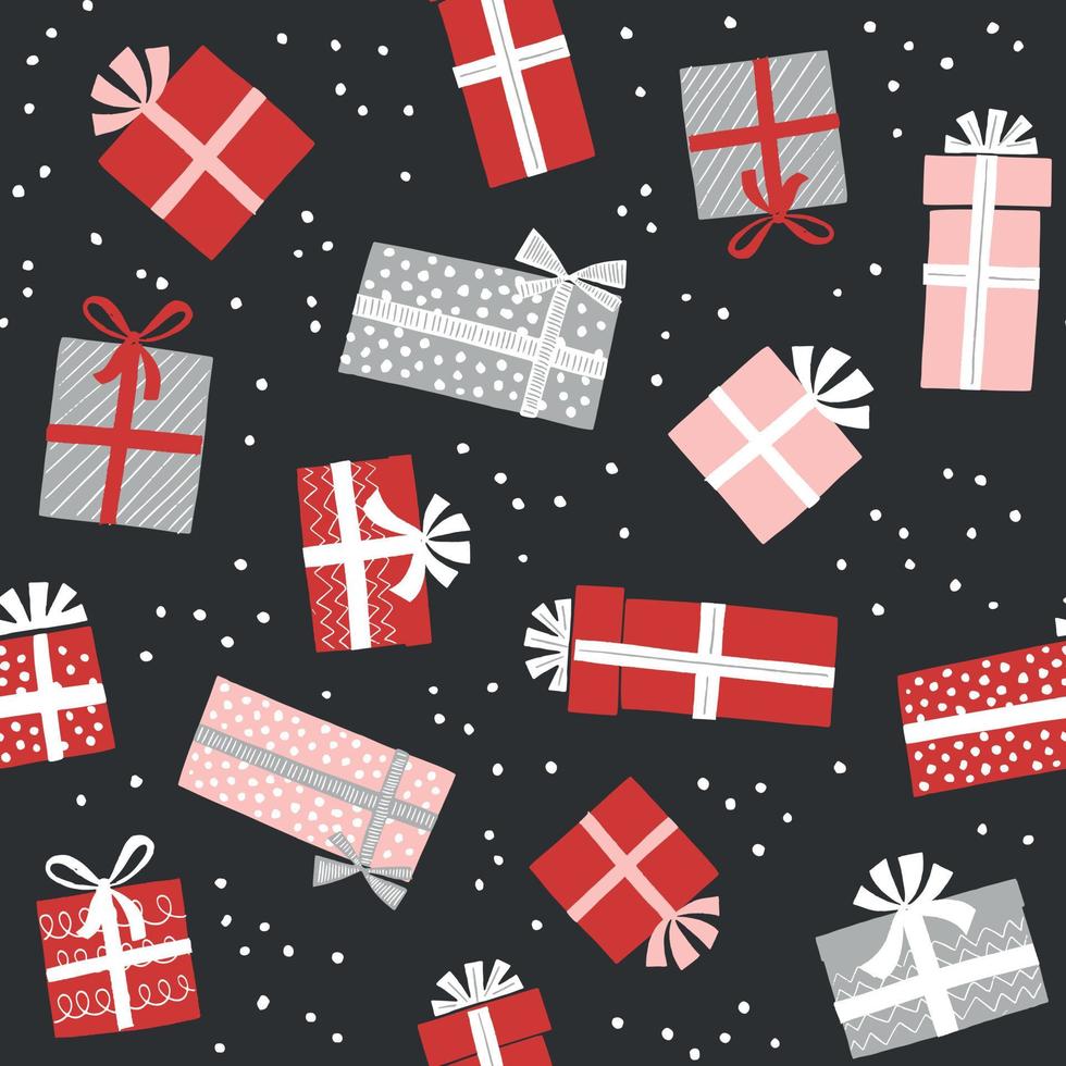 Christmas gift boxes vector pattern with snow. Seamless background with gift boxes with bows. Illustration for greeting cards, invitations, posters.