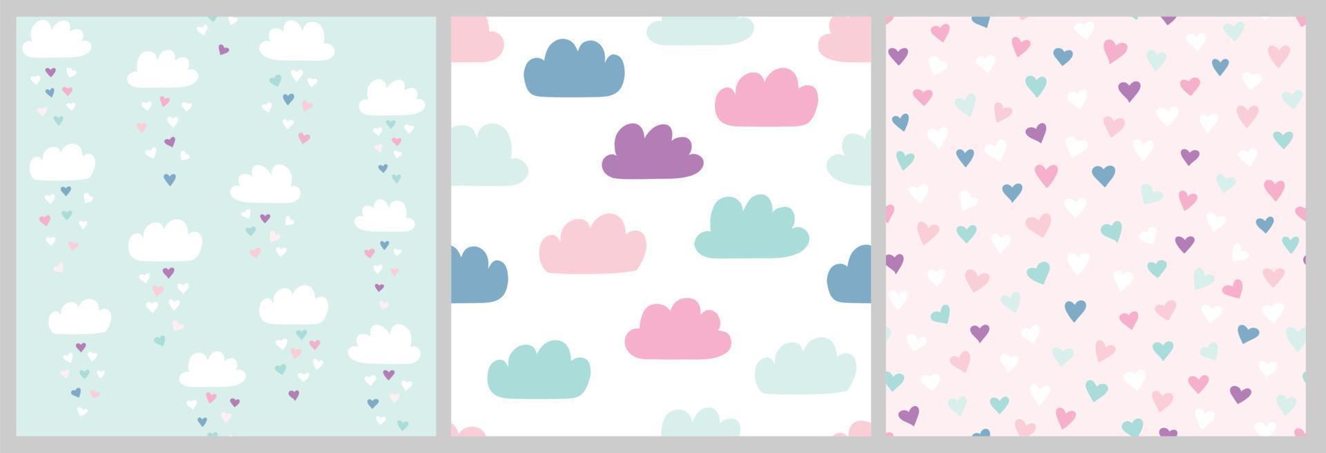 Cute scandinavian pattern set with clouds and hearts. Vector seamless background for Valentines day with clouds and heart rain. Illustration for babies, kids.