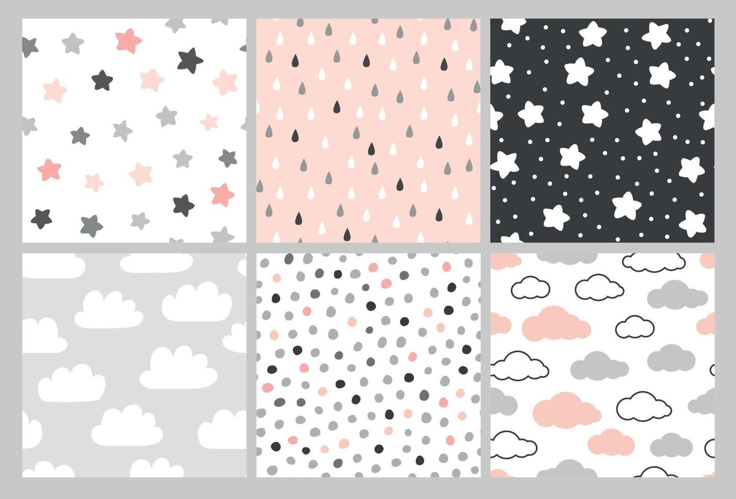 lindo patrón con nubes, estrellas y gotas de lluvia. fondo transparente de vector en estilo escandinavo. ilustración para bebés, niños.