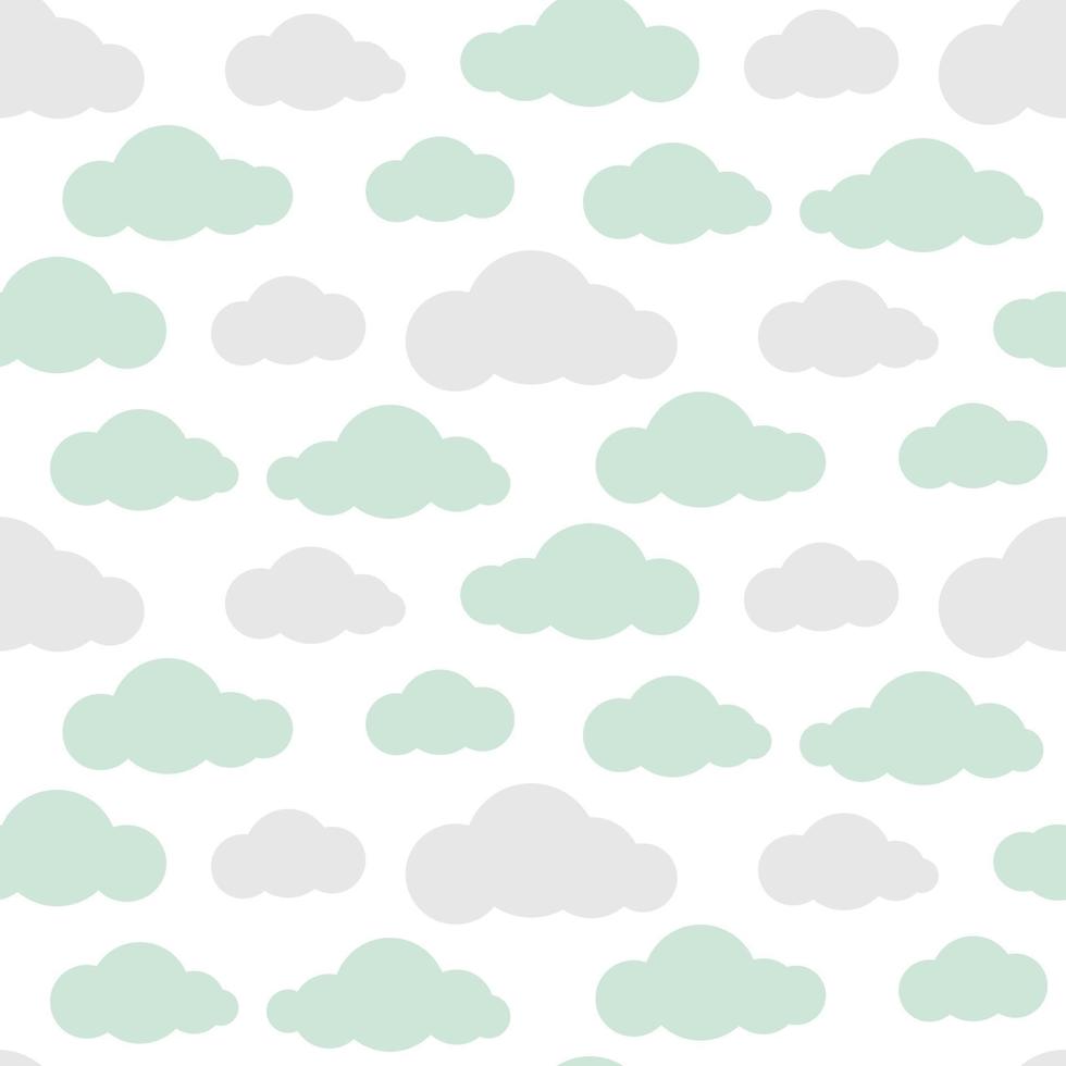 Vector seamless pattern with clouds in mint and, gray. Cute cloud background.