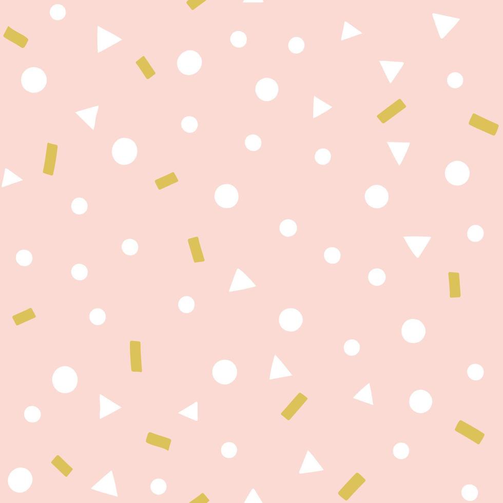 Cute confetti vector pattern. Party festive seamless background with geometric shapes, triangles, dots, sprinkles on a pink color.