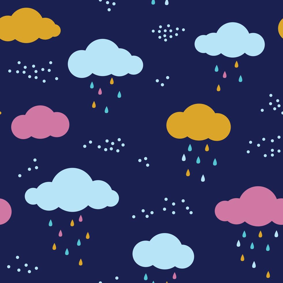 patrón moderno sin costuras con nubes, gotas de lluvia y puntos. Lindo fondo vectorial para niños en azul marino, menta, rosa y amarillo. vector